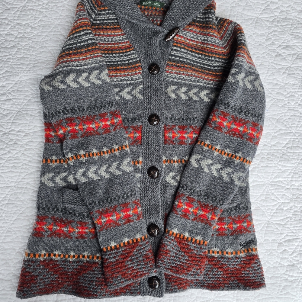 Woolrich Gray Shawl Collar Fair Isle Wool Cardigan with Red & Orange Accents - Picture 3 of 14